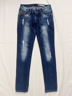 Salsa Straight Leg Distressed Dark Blue Jeans with Chain Accent size 27